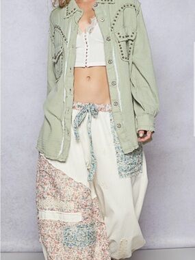 POL Light Sage Green Studded Button-Up Shirt Jacket